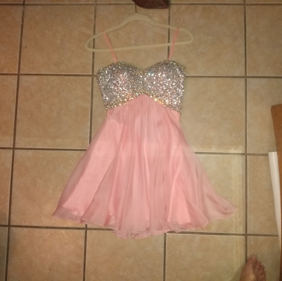 La Femme Paris Rhinestone Sparkly Pink Mini Dress - Picture 7 of 15